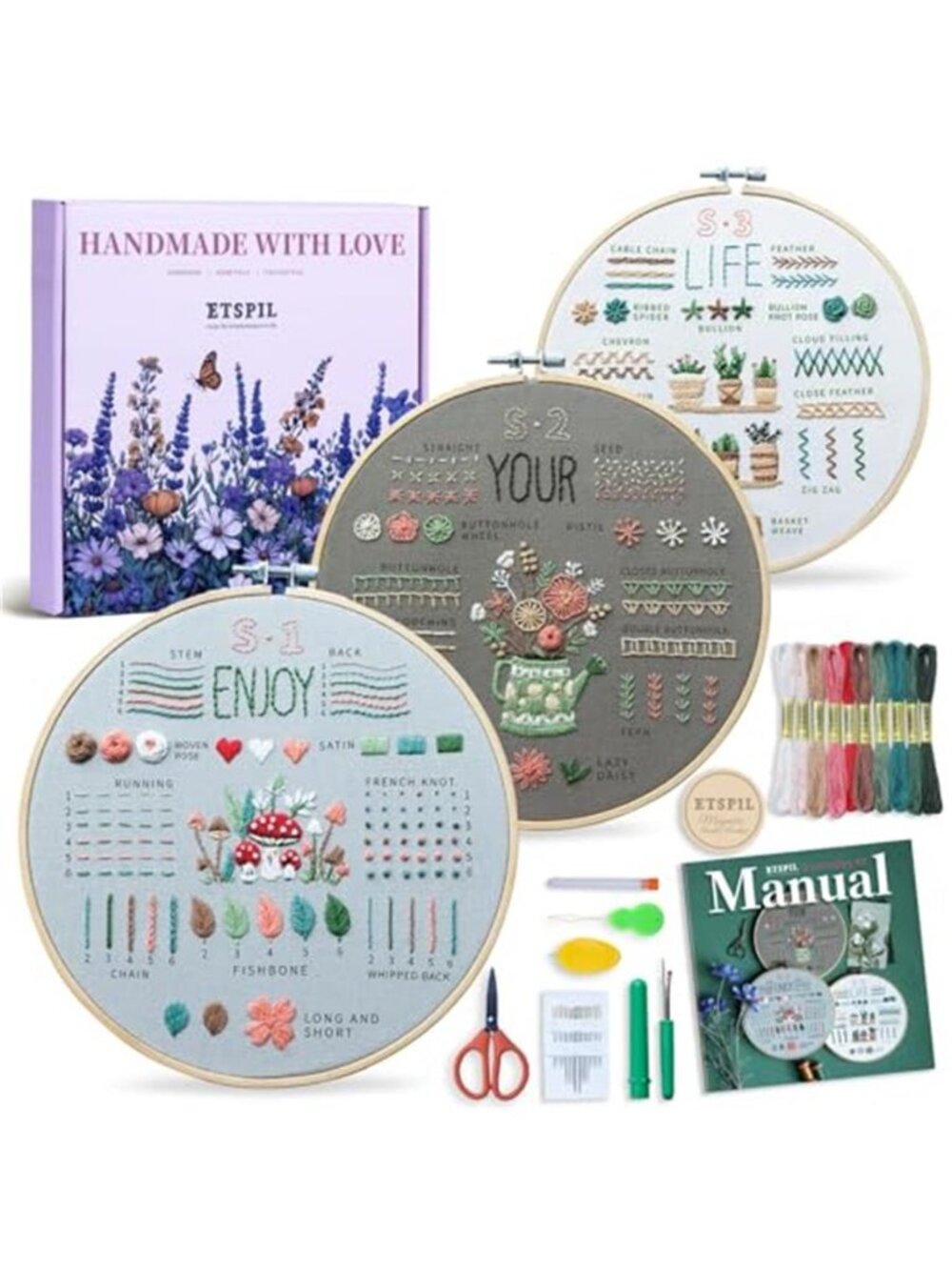 Embroidery Kit Beginners Floral Pre Printed Patterns Magnetic Needle Minder Set